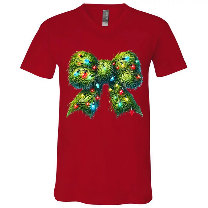 Christmas Green Coquette Bow Lights Christmas Coquette Bow V-Neck T-Shirt