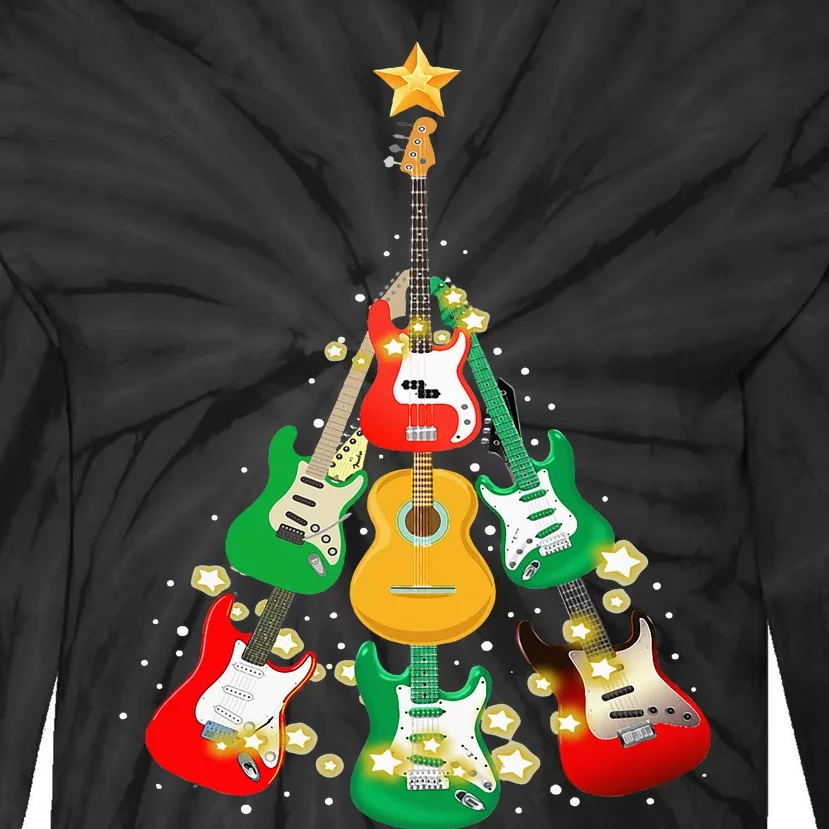 Cool Guitar Christmas Tree Light Guitar Lover Tie-Dye Long Sleeve Shirt