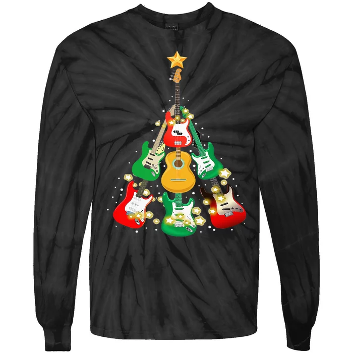 Cool Guitar Christmas Tree Light Guitar Lover Tie-Dye Long Sleeve Shirt