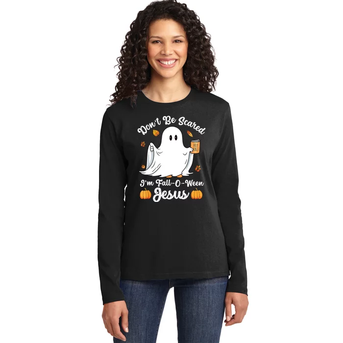 Cute Ghost Christian Halloween Falloween Jesus Pumpkin Ladies Long Sleeve Shirt