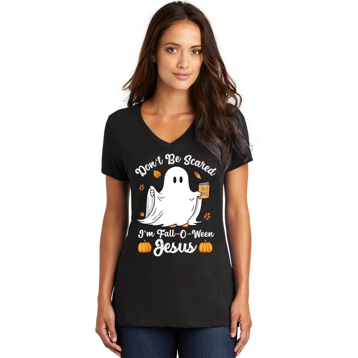 Cute Ghost Christian Halloween Falloween Jesus Pumpkin Women's V-Neck T-Shirt