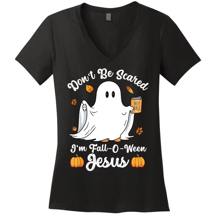 Cute Ghost Christian Halloween Falloween Jesus Pumpkin Women's V-Neck T-Shirt