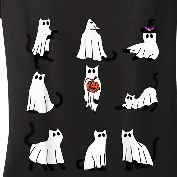 Cute Ghost Cat Funny Halloween Outfit Costumes Black Cat Women's V-Neck T-Shirt