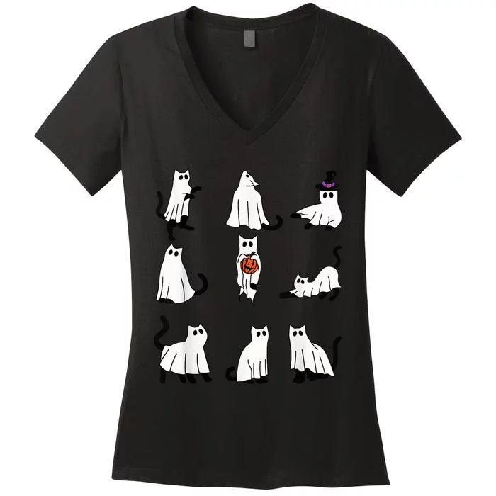 Cute Ghost Cat Funny Halloween Outfit Costumes Black Cat Women's V-Neck T-Shirt