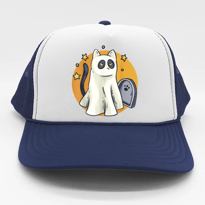 Cute Ghost Cat Funny Halloween Outfit Costumes Black Cat Trucker Hat