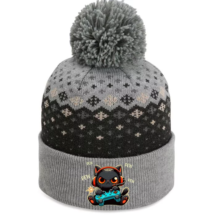 Cute Gamer Cat Playing Video Pew Pew The Baniff Cuffed Pom Beanie