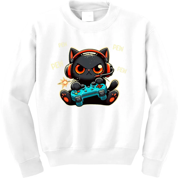 Cute Gamer Cat Playing Video Pew Pew Kids Sweatshirt