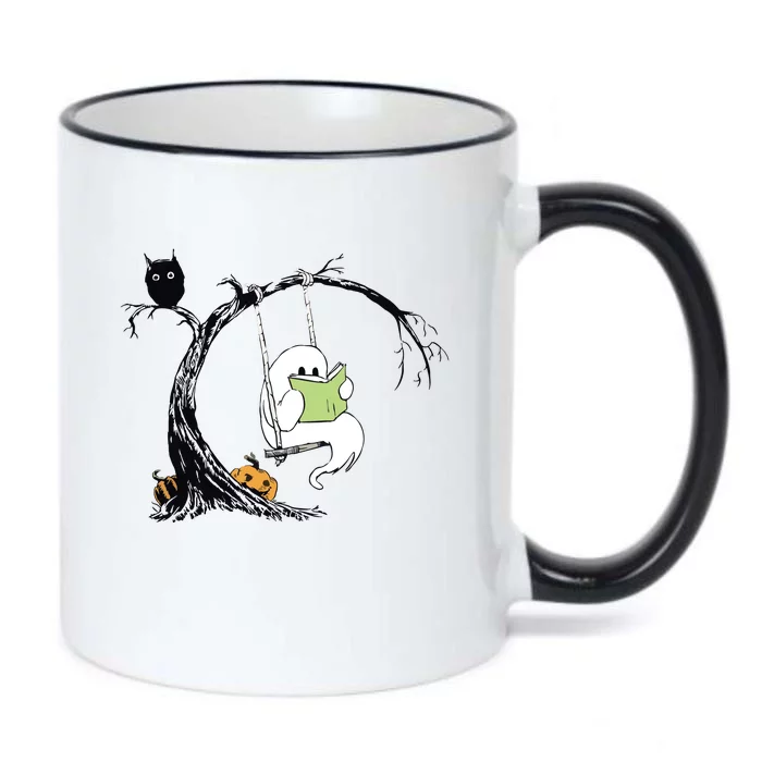 Cute Ghost Costume Reading Book Halloween Black Color Changing Mug