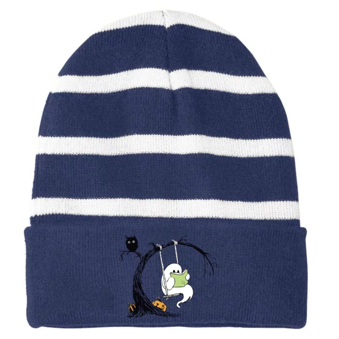 Cute Ghost Costume Reading Book Halloween Striped Beanie with Solid Band