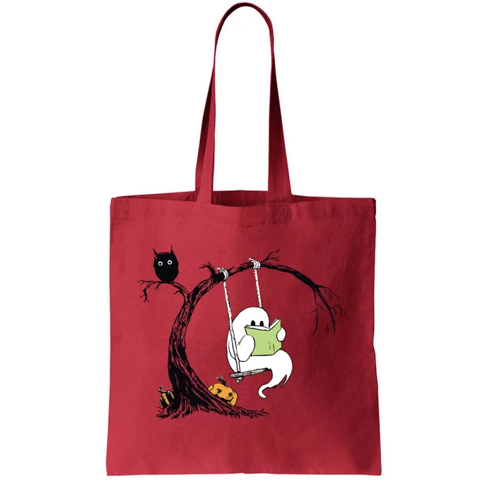 Cute Ghost Costume Reading Book Halloween Tote Bag