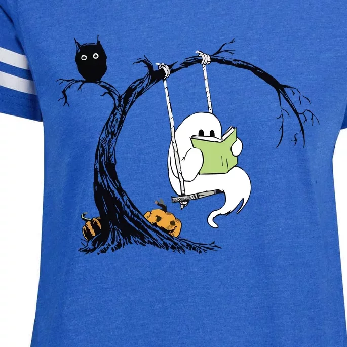 Cute Ghost Costume Reading Book Halloween Enza Ladies Jersey Football T-Shirt