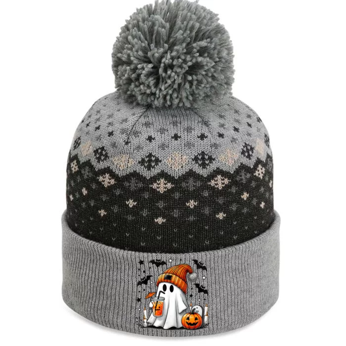 Cute Ghost Drinking Coffee Halloween Ghost Coffee The Baniff Cuffed Pom Beanie