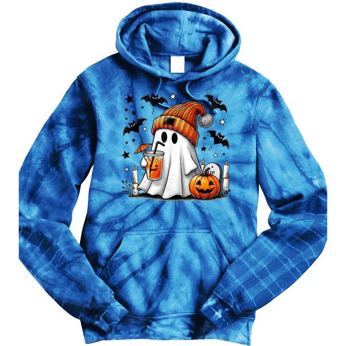 Cute Ghost Drinking Coffee Halloween Ghost Coffee Tie Dye Hoodie