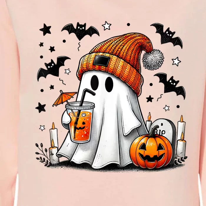 Cute Ghost Drinking Coffee Halloween Ghost Coffee Womens California Wash Sweatshirt