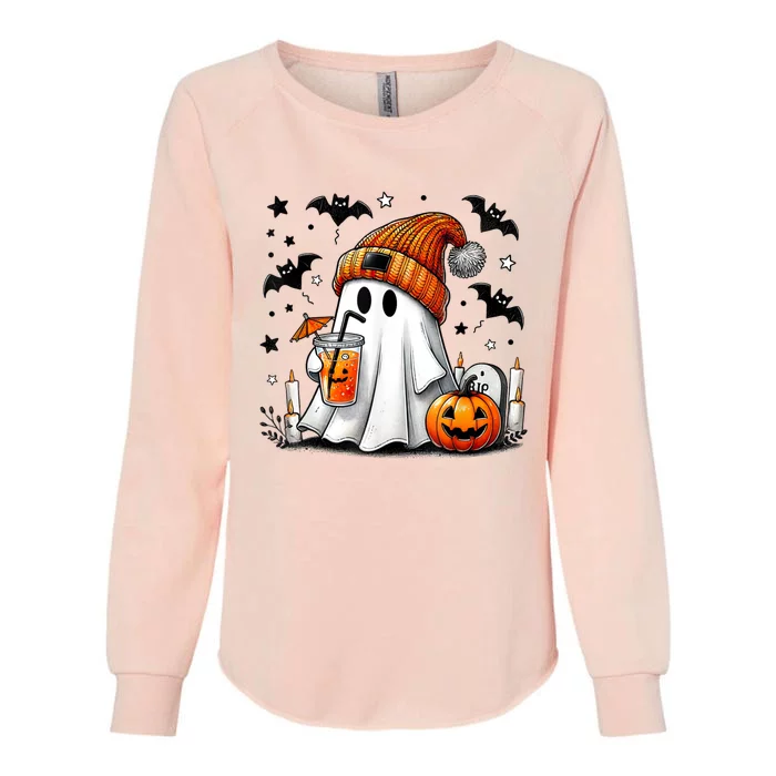 Cute Ghost Drinking Coffee Halloween Ghost Coffee Womens California Wash Sweatshirt