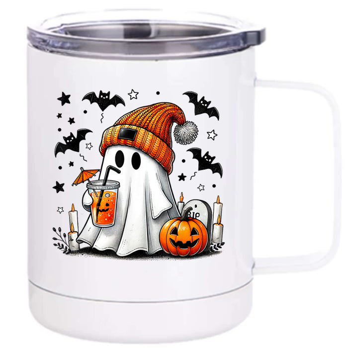 Cute Ghost Drinking Coffee Halloween Ghost Coffee Front & Back 12oz Stainless Steel Tumbler Cup