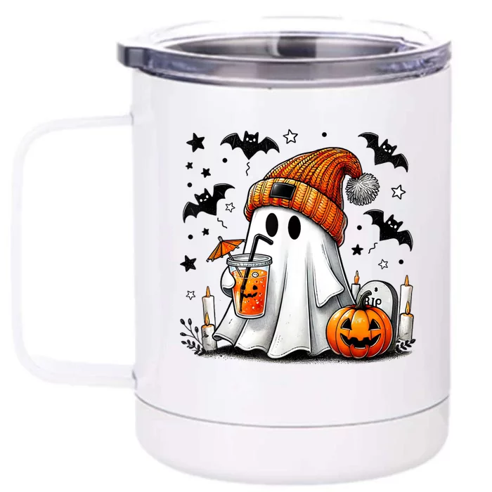 Cute Ghost Drinking Coffee Halloween Ghost Coffee Front & Back 12oz Stainless Steel Tumbler Cup