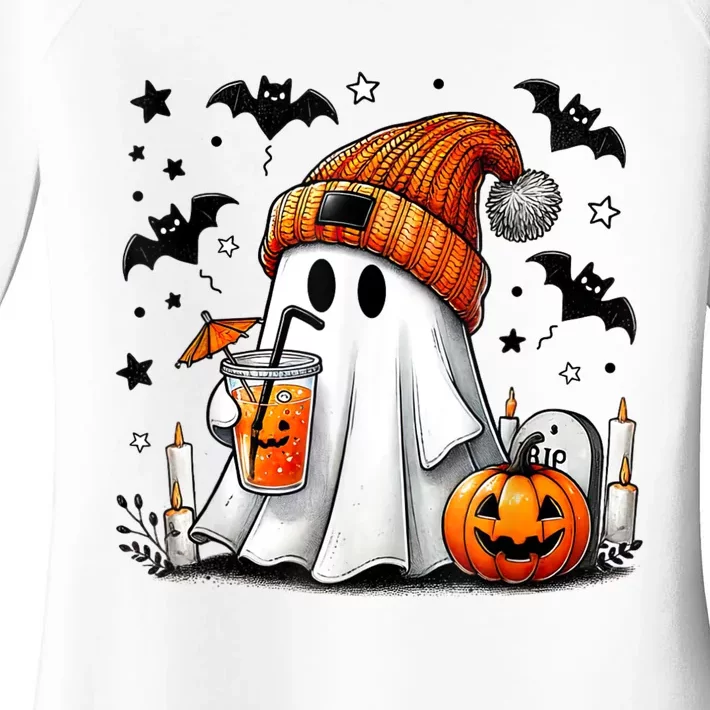 Cute Ghost Drinking Coffee Halloween Ghost Coffee Women's Perfect Tri Tunic Long Sleeve Shirt