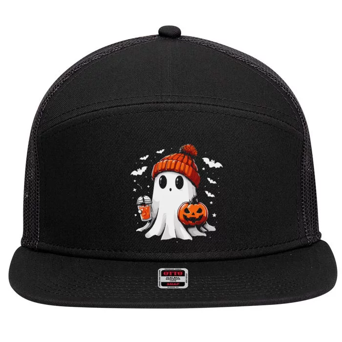 Cute Ghost Drinking Coffee Halloween Ghost Coffee Apparel 7 Panel Mesh Trucker Snapback Hat