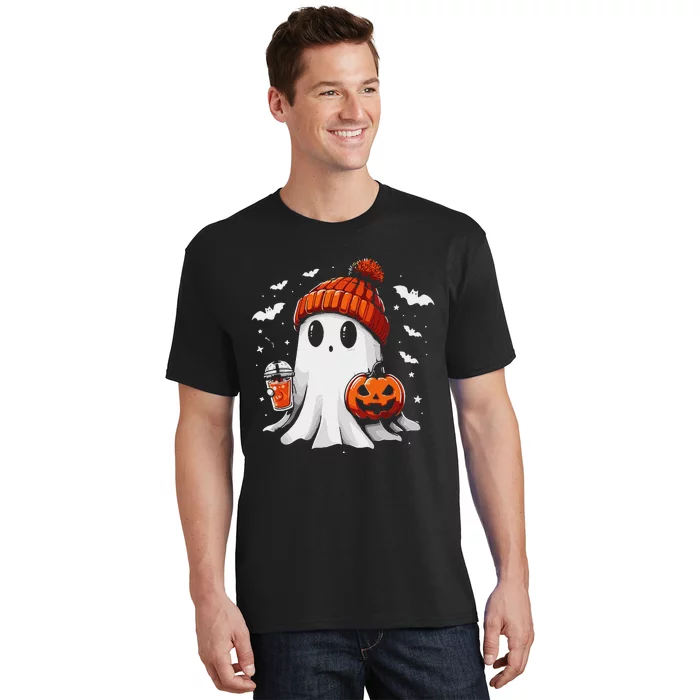 Cute Ghost Drinking Coffee Halloween Ghost Coffee Apparel T-Shirt