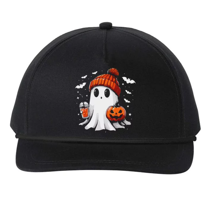 Cute Ghost Drinking Coffee Halloween Ghost Coffee Apparel Snapback Five-Panel Rope Hat