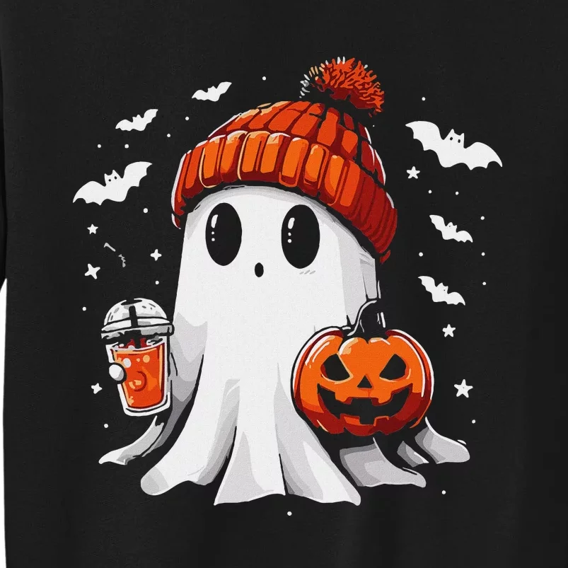 Cute Ghost Drinking Coffee Halloween Ghost Coffee Apparel Tall Sweatshirt