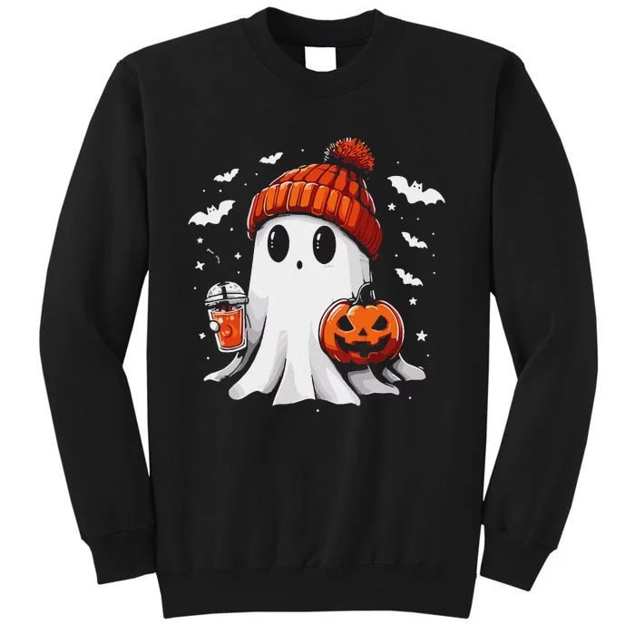 Cute Ghost Drinking Coffee Halloween Ghost Coffee Apparel Tall Sweatshirt