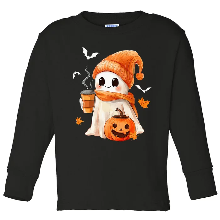 Cute Ghost Drinking Coffee Halloween Ghost Ice Coffee Toddler Long Sleeve Shirt