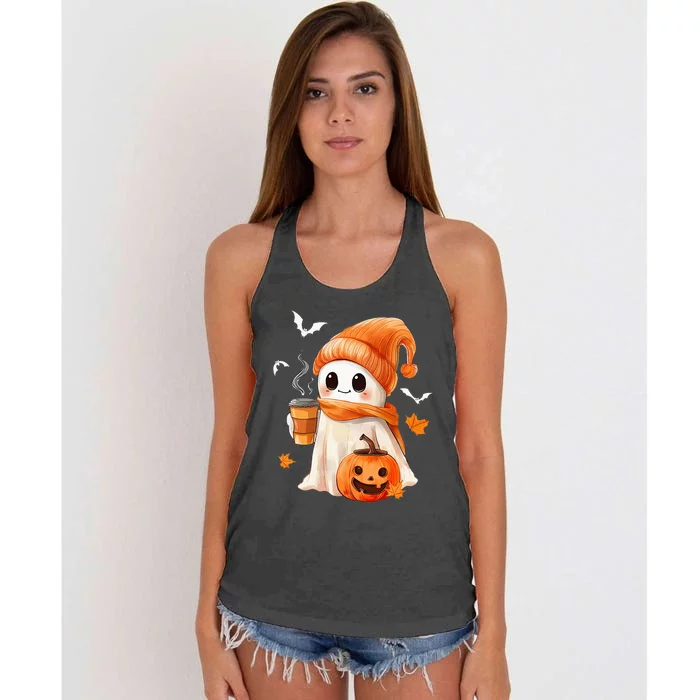 Cute Ghost Drinking Coffee Halloween Ghost Ice Coffee Women's Knotted Racerback Tank