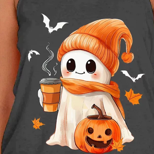 Cute Ghost Drinking Coffee Halloween Ghost Ice Coffee Women's Knotted Racerback Tank