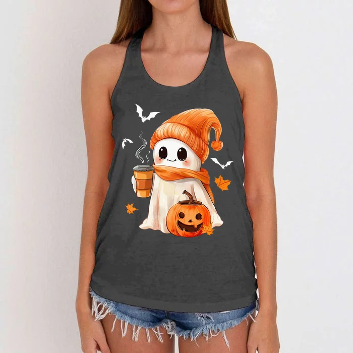 Cute Ghost Drinking Coffee Halloween Ghost Ice Coffee Women's Knotted Racerback Tank