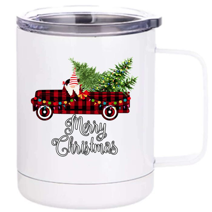 Christmas Gnome Driving Red Buffalo Plaid Christmas Truck Great Gift Front & Back 12oz Stainless Steel Tumbler Cup