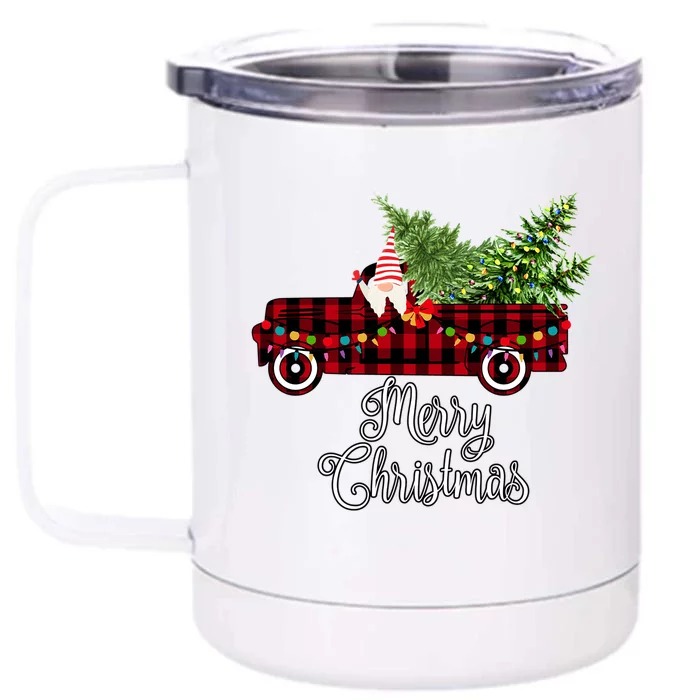 Christmas Gnome Driving Red Buffalo Plaid Christmas Truck Great Gift Front & Back 12oz Stainless Steel Tumbler Cup