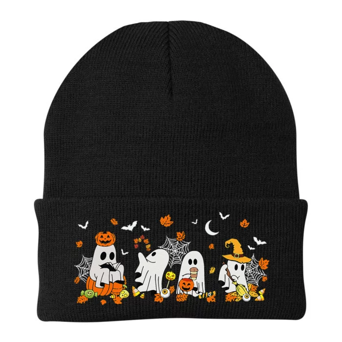 Cute Ghost Drinking Coffee Halloween Fall Ghost Book Reading Knit Cap Winter Beanie