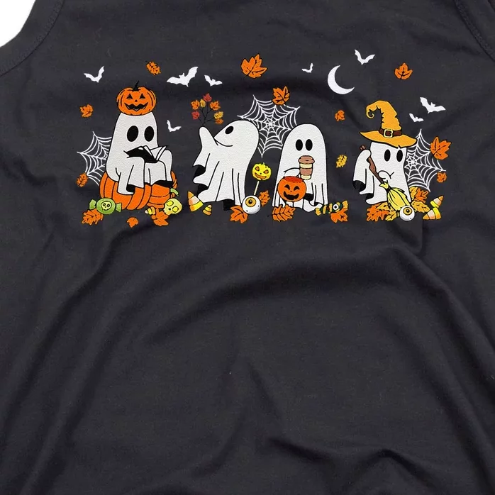 Cute Ghost Drinking Coffee Halloween Fall Ghost Book Reading Tank Top