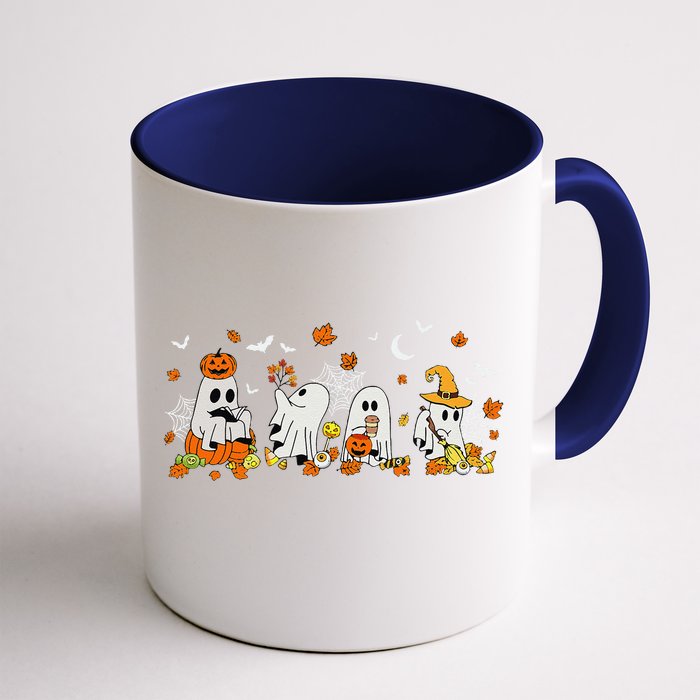 Cute Ghost Drinking Coffee Halloween Fall Ghost Book Reading Front & Back Coffee Mug