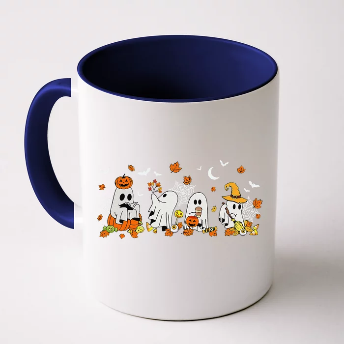 Cute Ghost Drinking Coffee Halloween Fall Ghost Book Reading Front & Back Coffee Mug