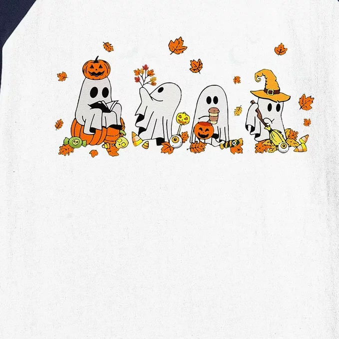 Cute Ghost Drinking Coffee Halloween Fall Ghost Book Reading Baseball Sleeve Shirt