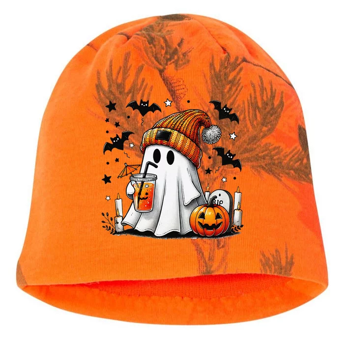 Cute Ghost Drinking Coffee Halloween Ghost Coffee Kati - Camo Knit Beanie