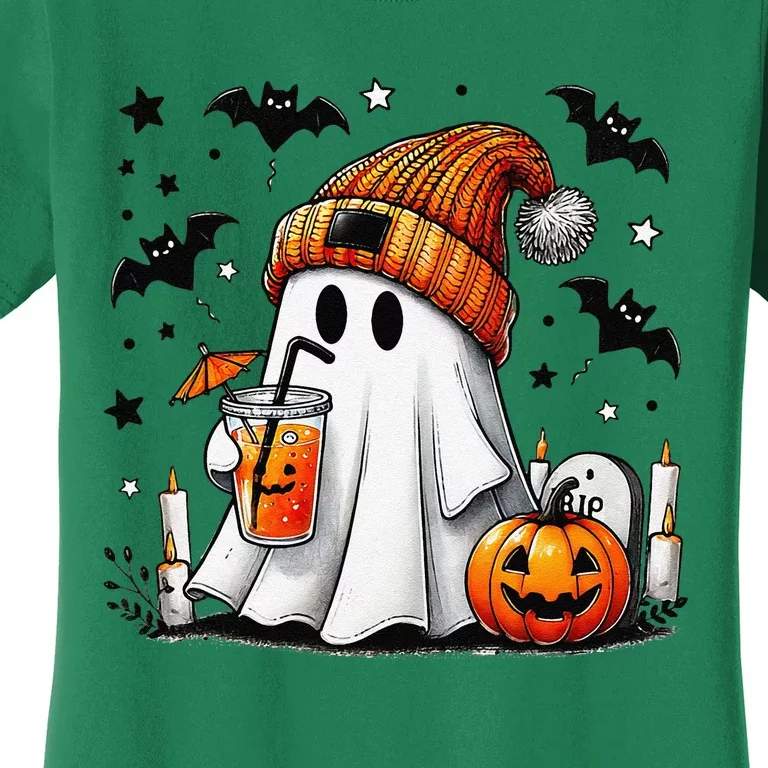 Cute Ghost Drinking Coffee Halloween Ghost Coffee Women's T-Shirt