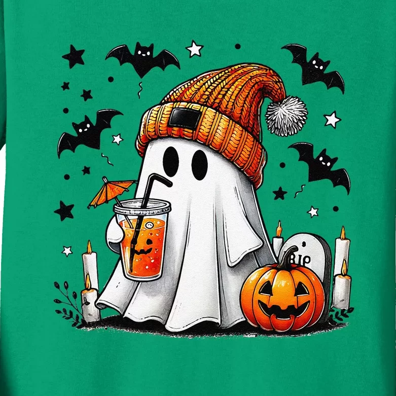 Cute Ghost Drinking Coffee Halloween Ghost Coffee Kids Long Sleeve Shirt