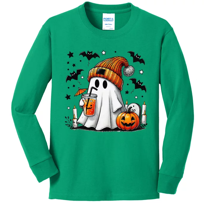 Cute Ghost Drinking Coffee Halloween Ghost Coffee Kids Long Sleeve Shirt