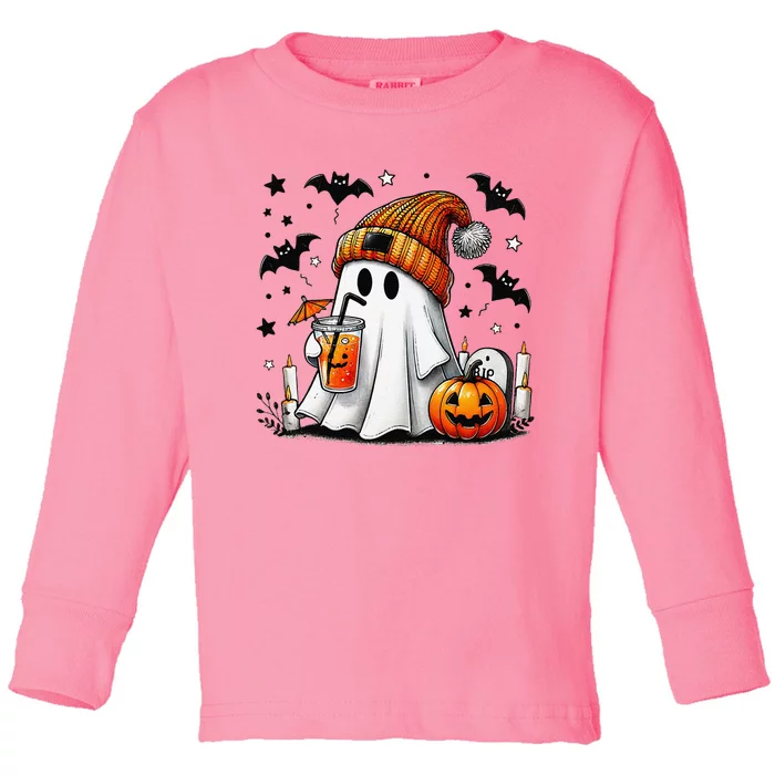 Cute Ghost Drinking Coffee Halloween Ghost Coffee Toddler Long Sleeve Shirt