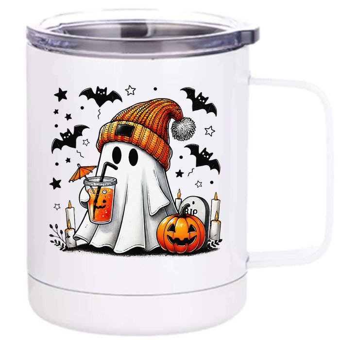 Cute Ghost Drinking Coffee Halloween Ghost Coffee Front & Back 12oz Stainless Steel Tumbler Cup