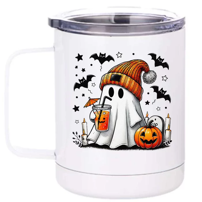 Cute Ghost Drinking Coffee Halloween Ghost Coffee Front & Back 12oz Stainless Steel Tumbler Cup