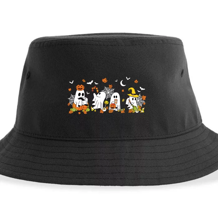 Cute Ghost Drinking Coffee Halloween Fall Ghost Book Reading Sustainable Bucket Hat