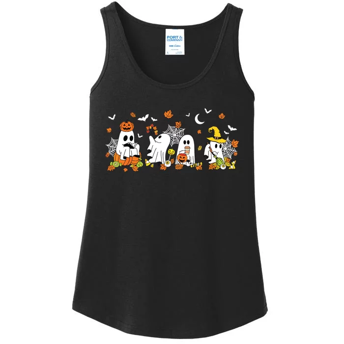 Cute Ghost Drinking Coffee Halloween Fall Ghost Book Reading Ladies Essential Tank