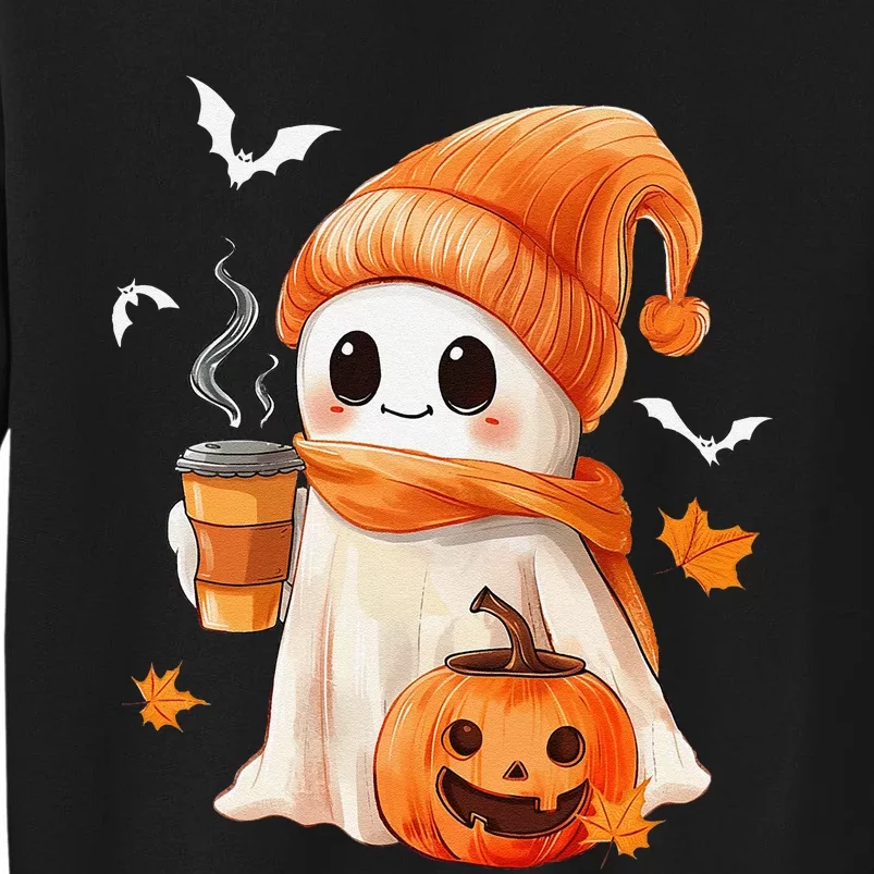 Cute Ghost Drinking Coffee Halloween Ghost Ice Coffee Tall Sweatshirt