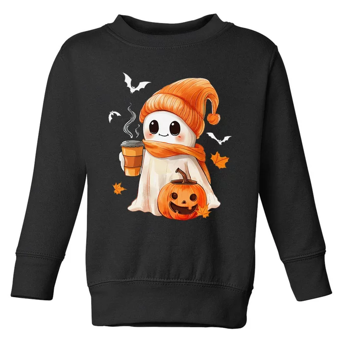 Cute Ghost Drinking Coffee Halloween Ghost Ice Coffee Toddler Sweatshirt