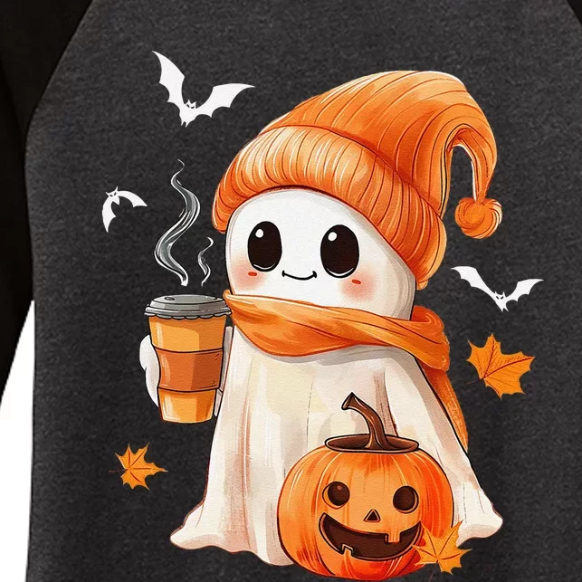 Cute Ghost Drinking Coffee Halloween Ghost Ice Coffee Women's Tri-Blend 3/4-Sleeve Raglan Shirt